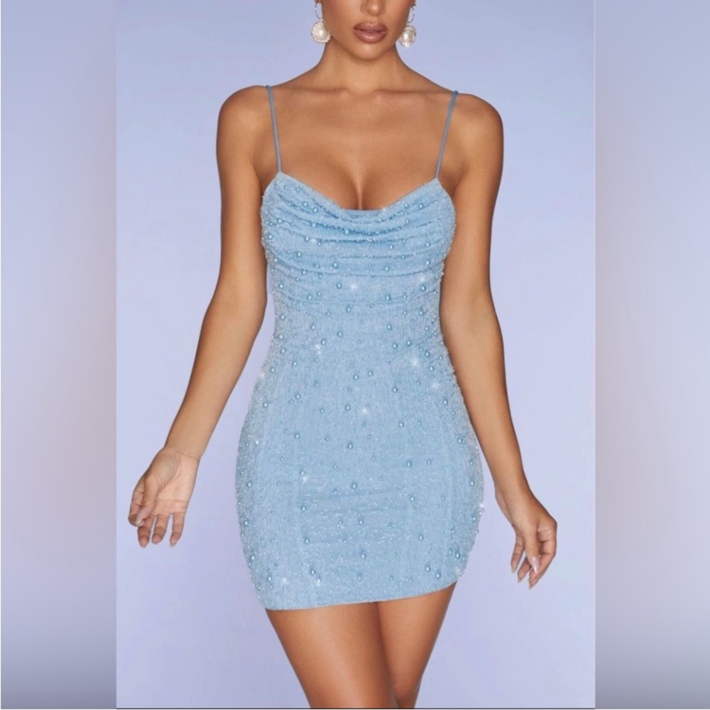 Oh Polly Pearl Embellished Seychelles Cowl Neck Mini Dress 6 NEW beaded blue NWT